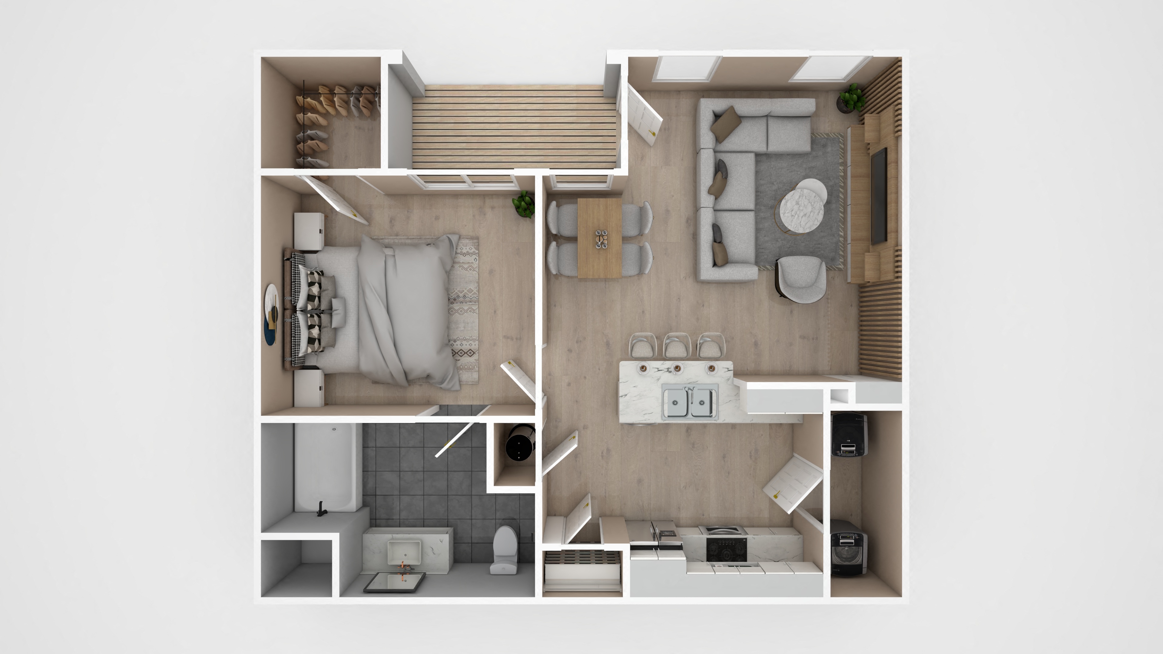 Floor plan for 1 bed, 1 bath, 684 sqft